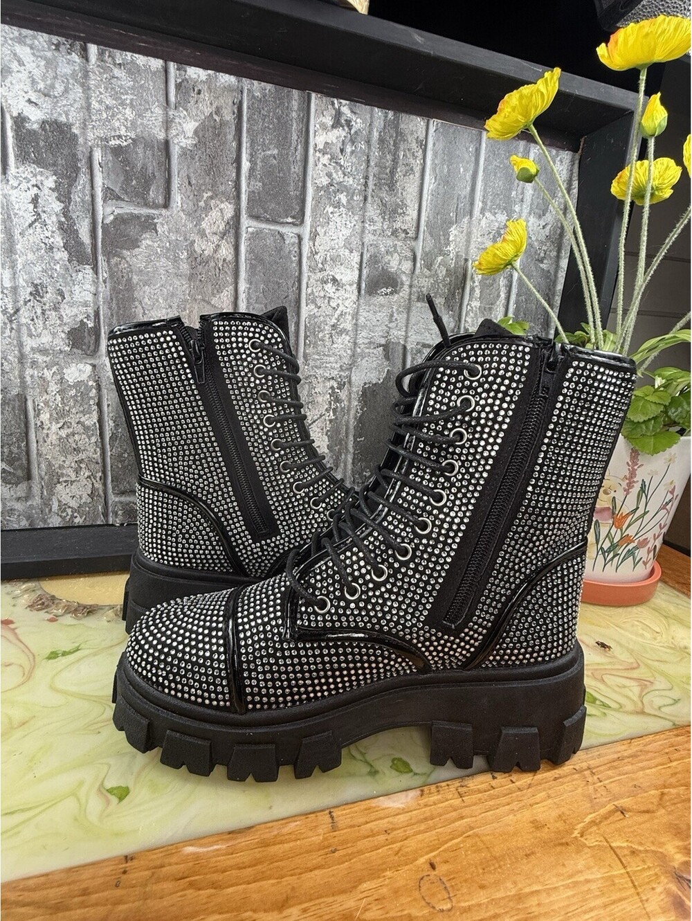 True Religion GEE Studded Combat Ankle Boots Lace-Up Zip Platform Logo 7 - Picture 8 of 15